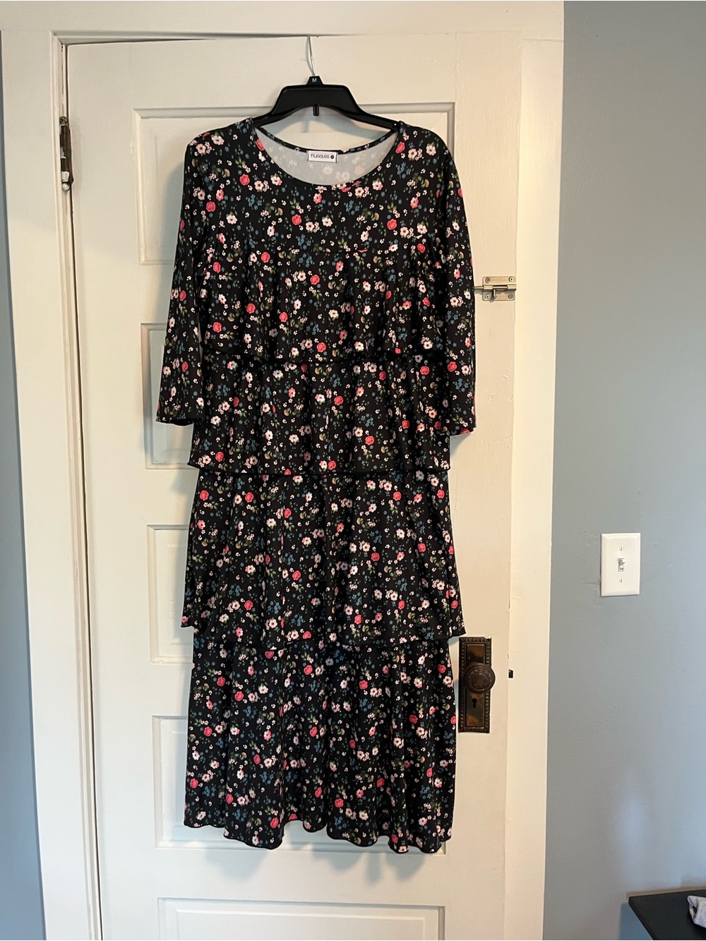 Nuggles Floral Tiered Midi Dress - Black with Pink Flowers
